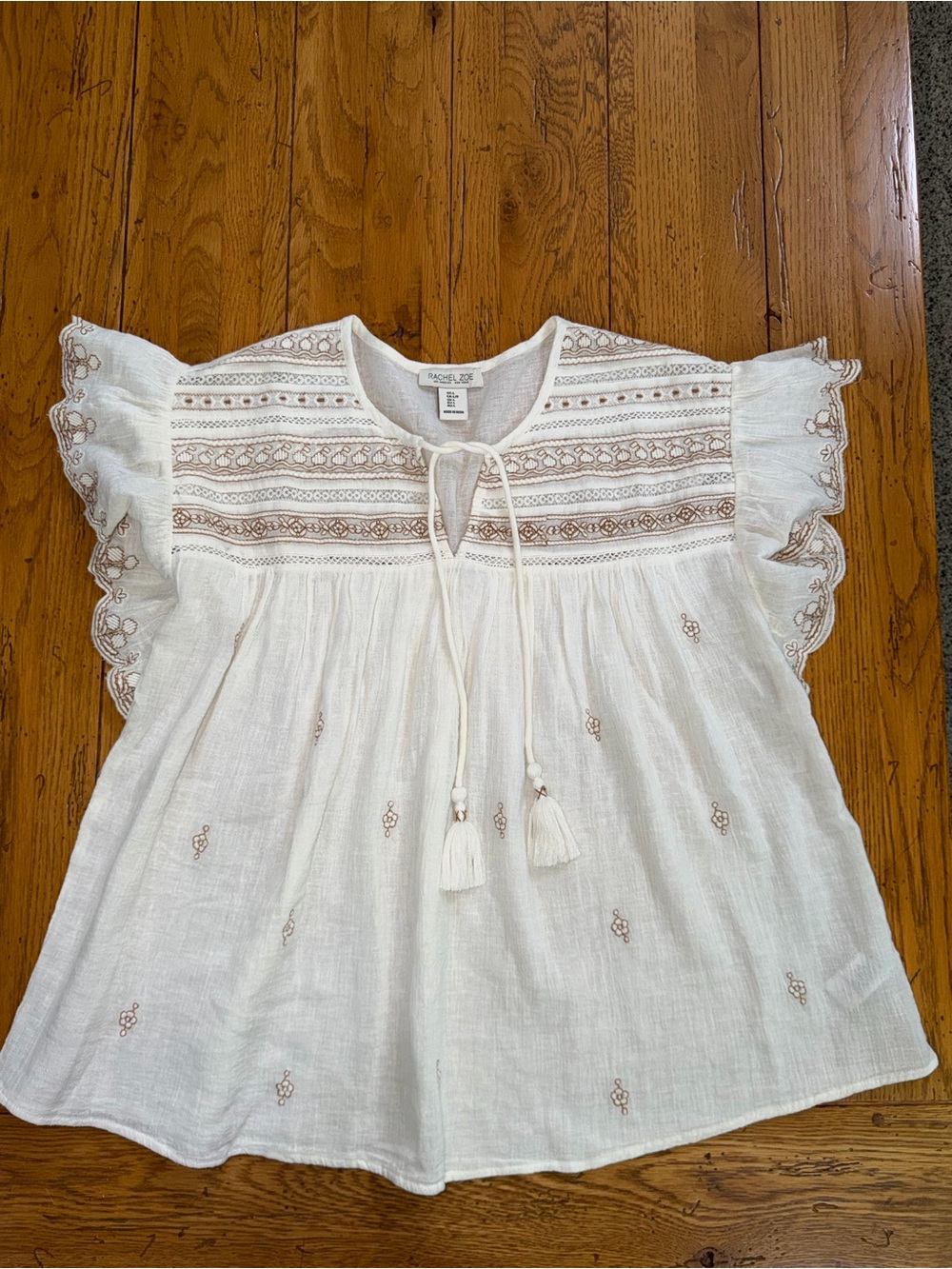 Rachel Zoe White Embroidered Tassel Peasant Top short sleeve sz Large NWOT